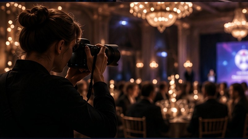 Photographer working through changing light at an evening reception