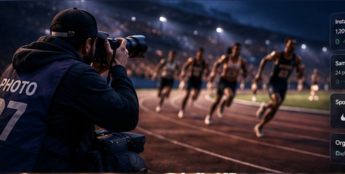 Photographer tracking runners during a night race